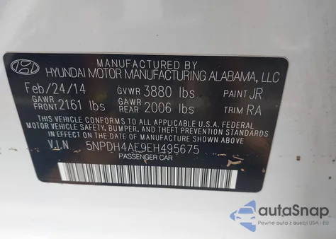 2014 Hyundai Elantra Se from USA, damaged, VIN 5NPDH4AE9EH495675